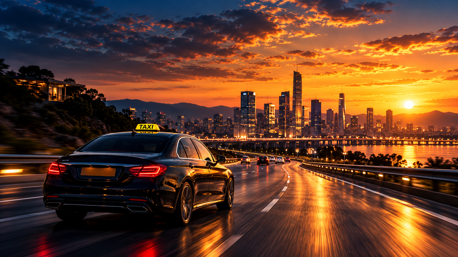 Taxi travelling on an open highway at sunset